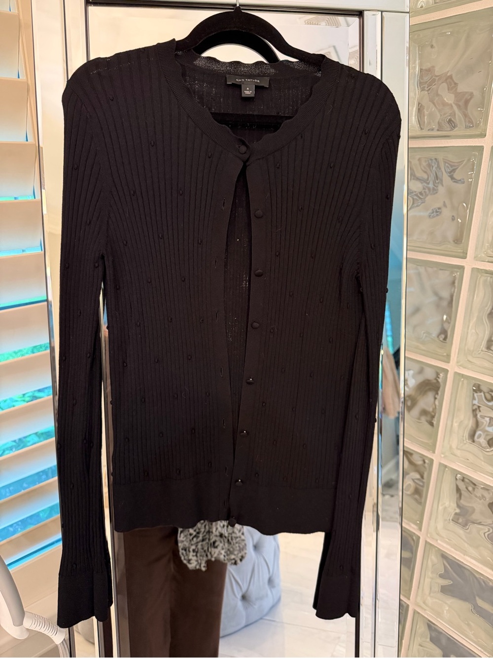 Ann Taylor Black Ribbed Button Cardigan with Subtle Dot Texture
